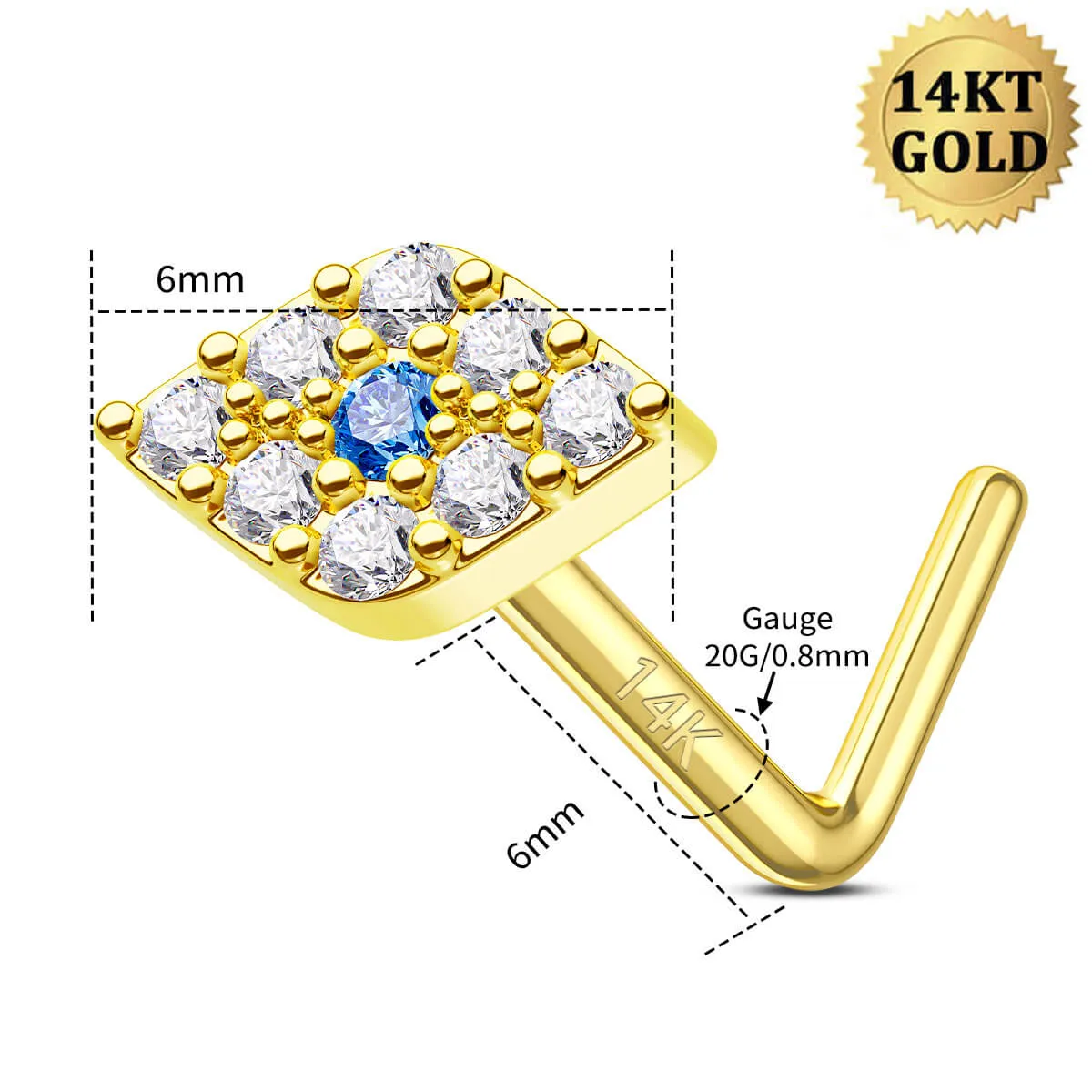14K Solid Gold Evil Eye L-shaped Nose Stud