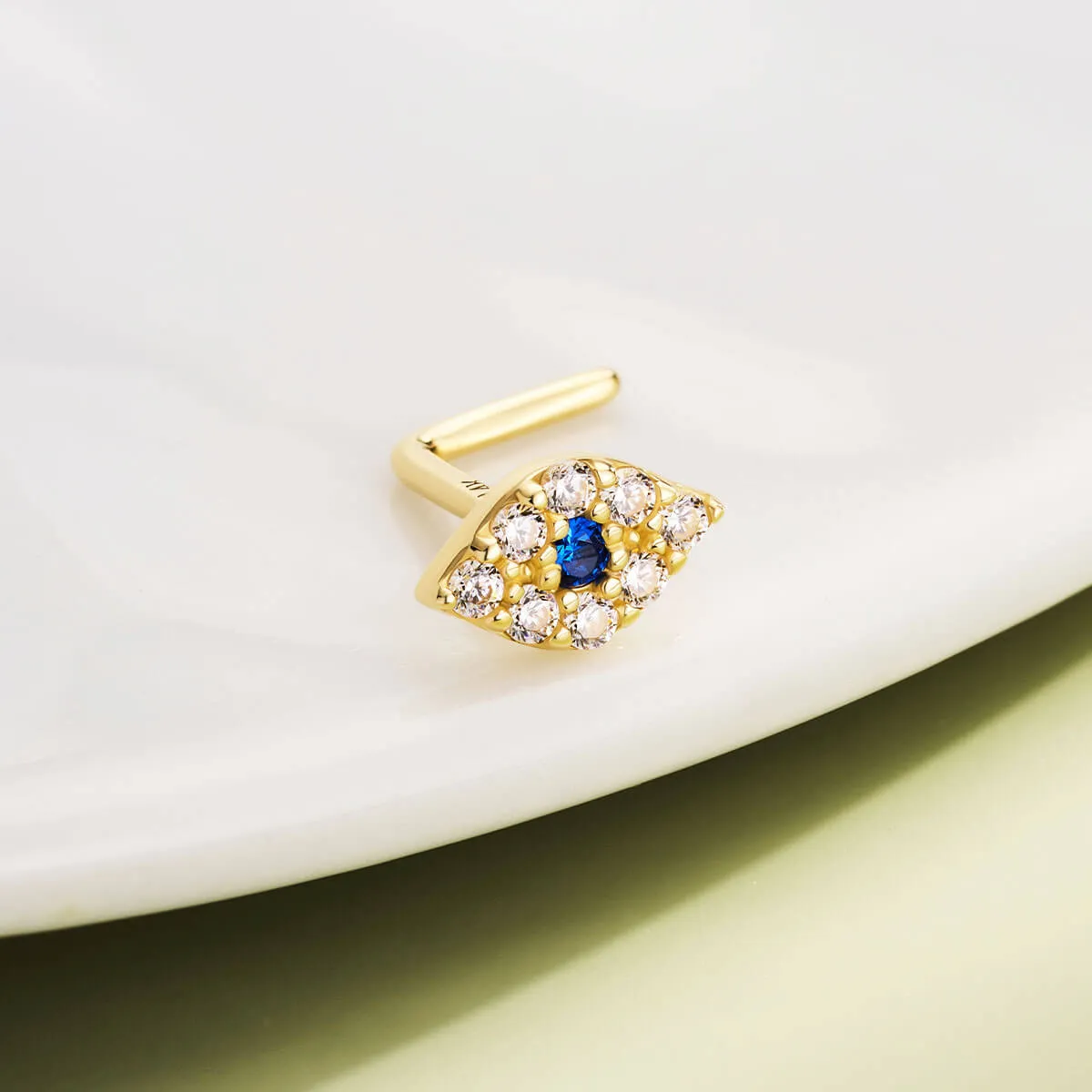 14K Solid Gold Evil Eye L-shaped Nose Stud