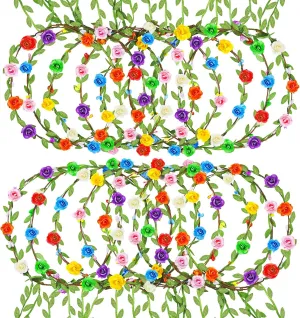 16 PCS Assorted Colored Flower Crown, Wreath Headband Flower Crowns for Women, Garland Multicolor Headbands, Floral Headpiece for Birthday Wedding Holiday Fairy Party Favors
