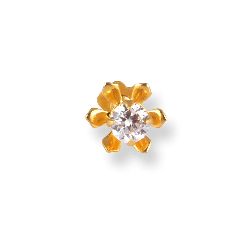 18ct Yellow Gold Flower Design Screw Back Nose Stud with Cubic Zirconia Stone NIP-4-440