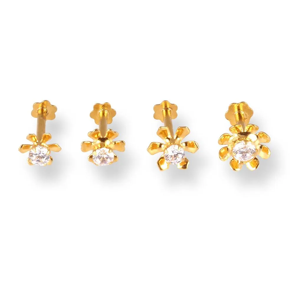 18ct Yellow Gold Flower Design Screw Back Nose Stud with Cubic Zirconia Stone NIP-4-440