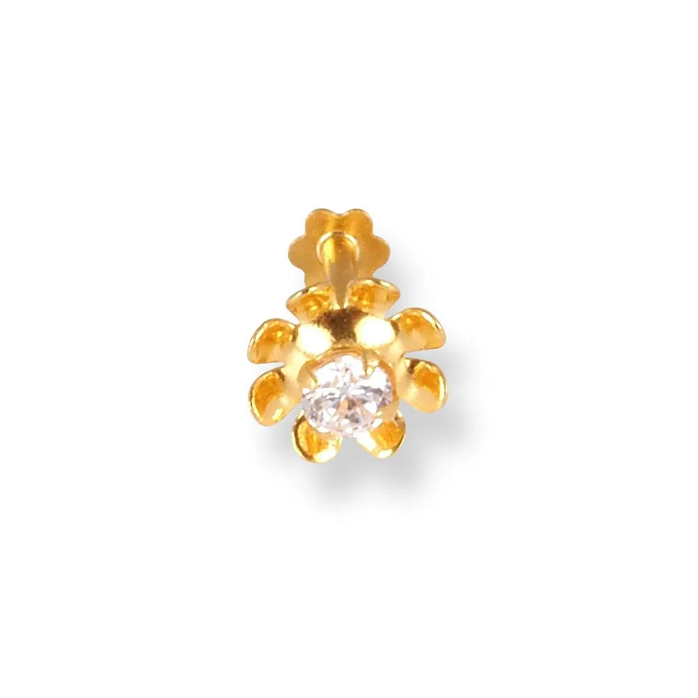 18ct Yellow Gold Flower Design Screw Back Nose Stud with Cubic Zirconia Stone NIP-4-440