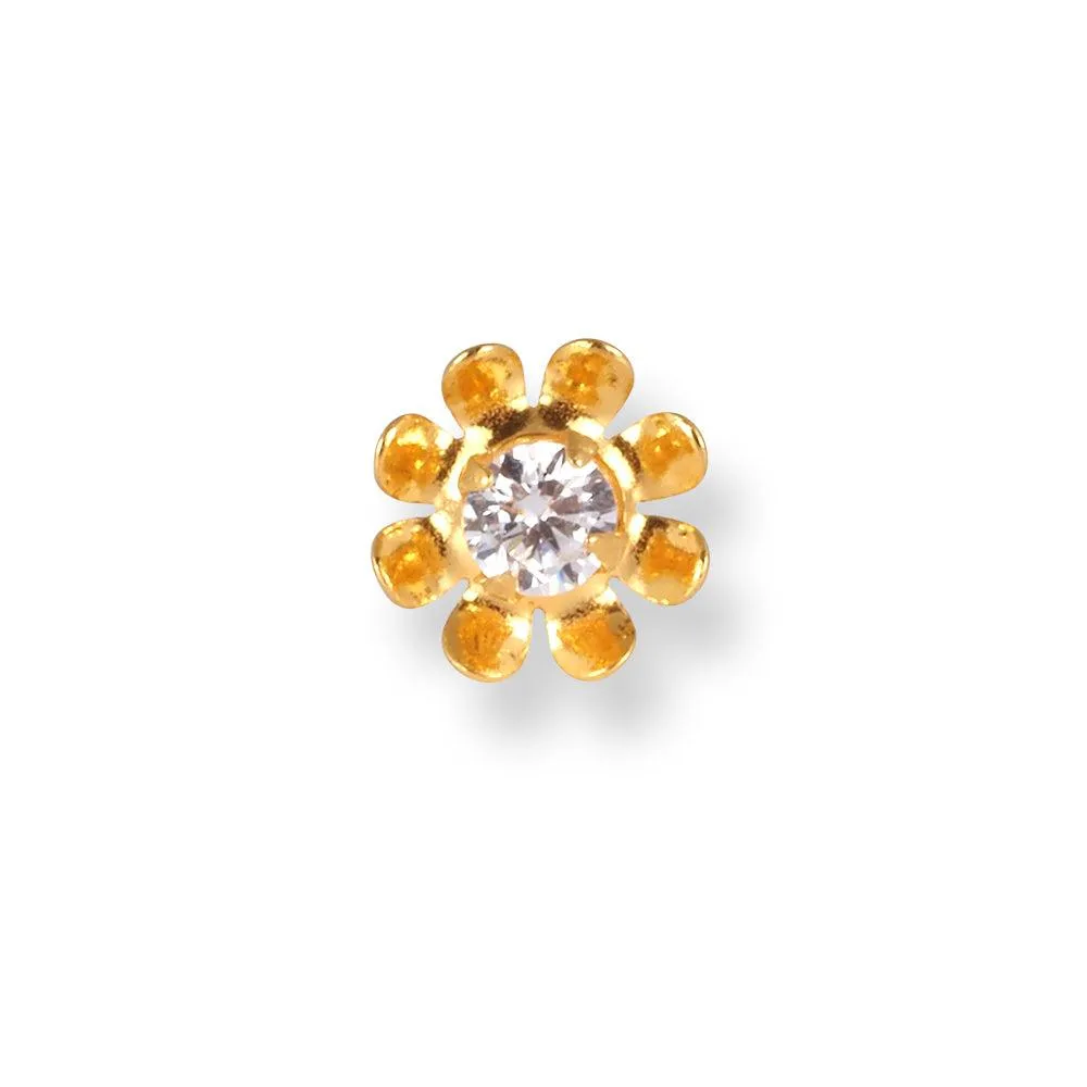 18ct Yellow Gold Flower Design Screw Back Nose Stud with Cubic Zirconia Stone NIP-4-440
