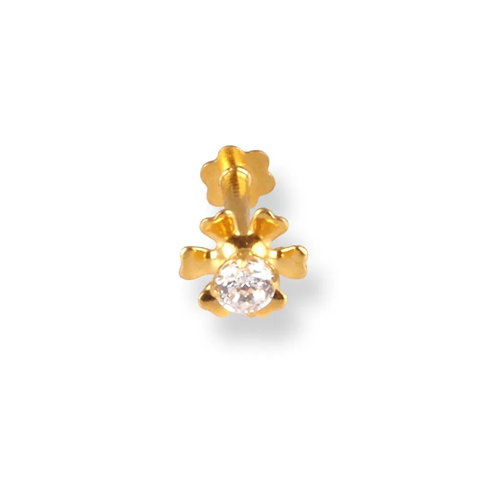 18ct Yellow Gold Flower Design Screw Back Nose Stud with Cubic Zirconia Stone NIP-4-440