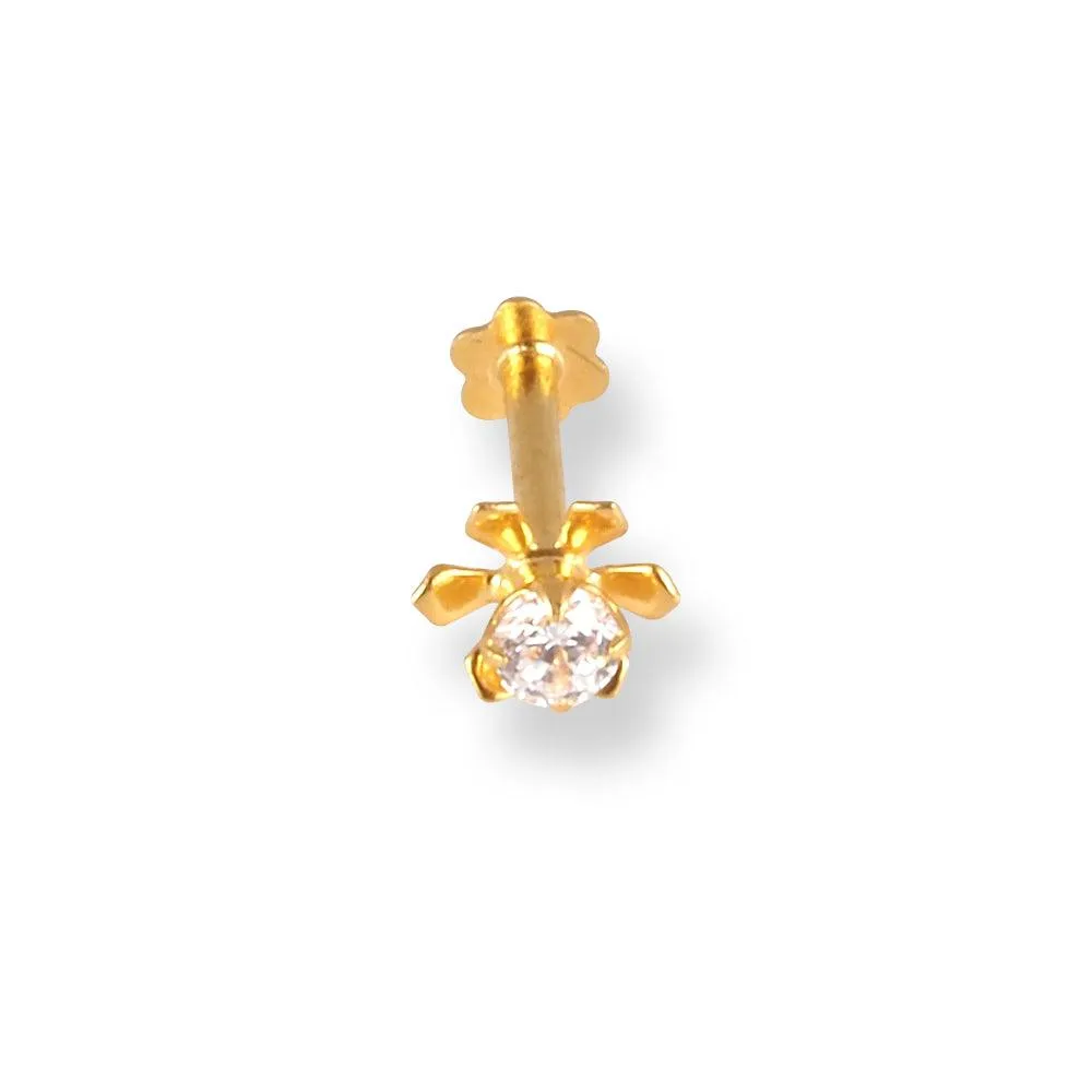 18ct Yellow Gold Flower Design Screw Back Nose Stud with Cubic Zirconia Stone NIP-4-440