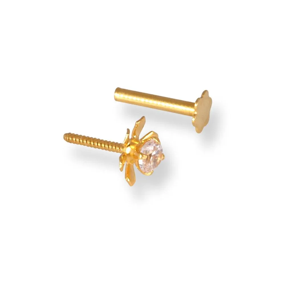 18ct Yellow Gold Flower Design Screw Back Nose Stud with Cubic Zirconia Stone NIP-4-440