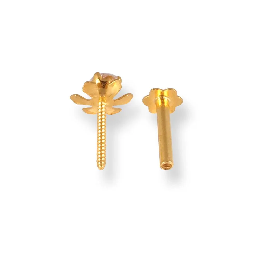 18ct Yellow Gold Flower Design Screw Back Nose Stud with Cubic Zirconia Stone NIP-4-440