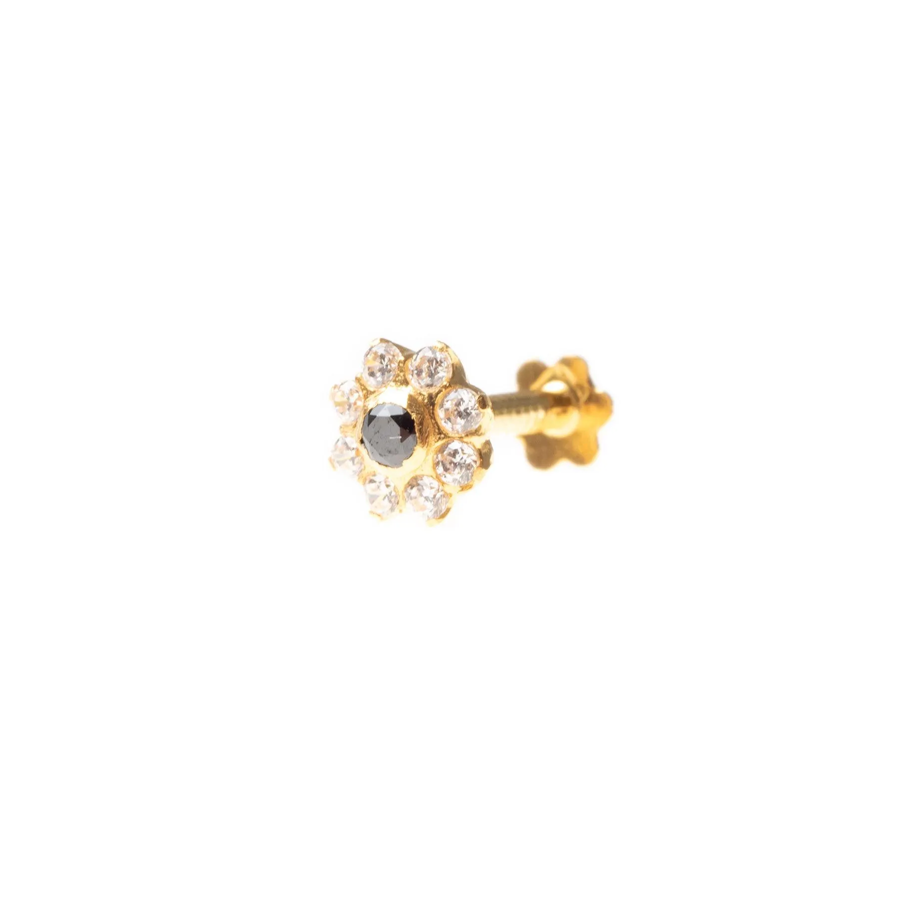 18ct Yellow Gold Nose Stud set with eight white and one colour Cubic Zirconia Stones NIP-5-640