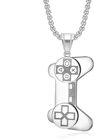 18K Gold Plated Game Controller Pendant Stainless Steel Punk Rock Necklace for Men Women, 24 Inch Chain Hip Hop Game Console Bling Jewelry Gamer Gift