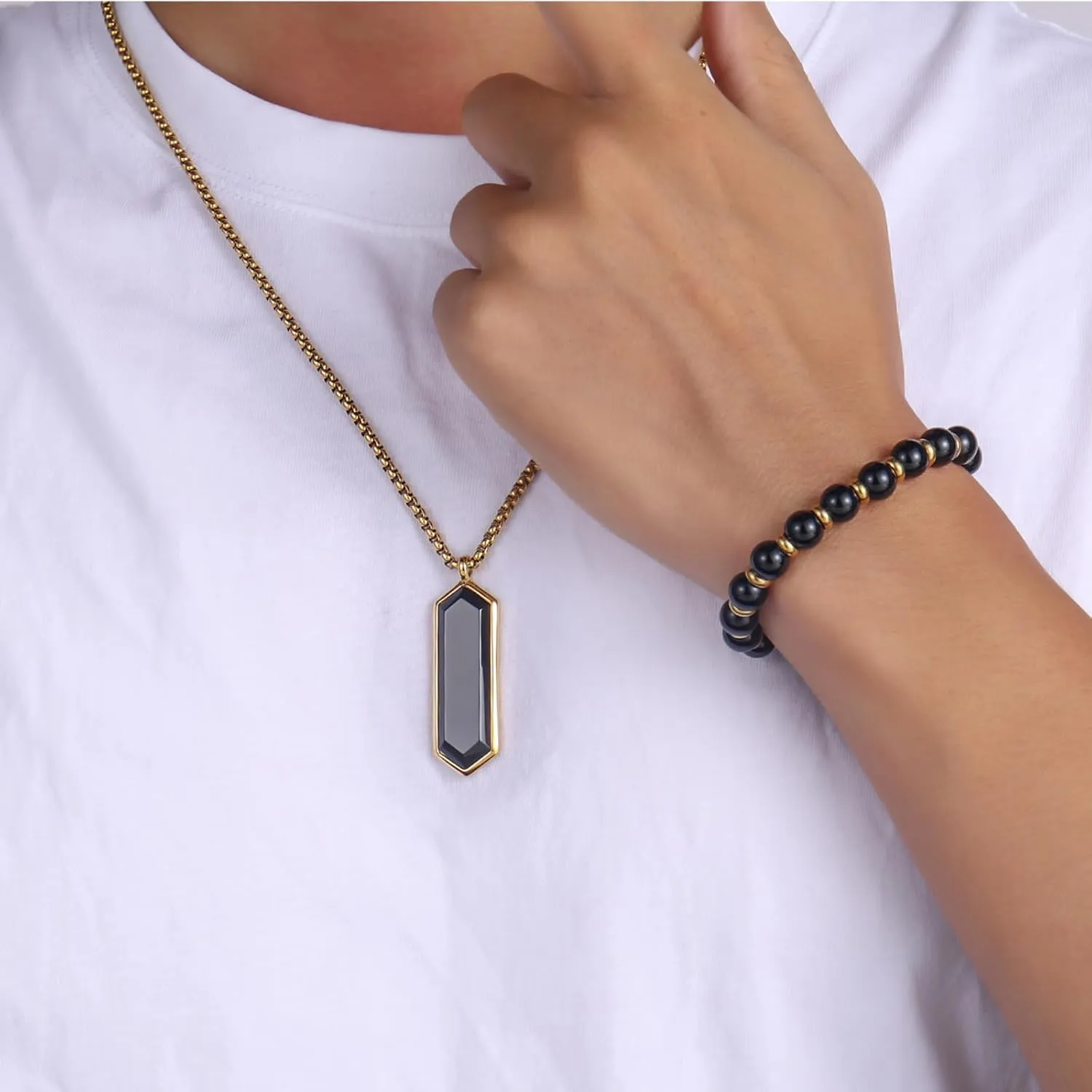 2Pcs Mens Jewelry Set - Black Crystal Necklace And Bracelet Set With Black Onyx And Gold Pendant