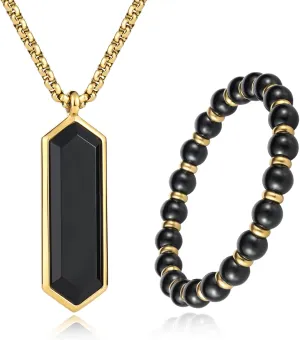 2Pcs Mens Jewelry Set - Black Crystal Necklace And Bracelet Set With Black Onyx And Gold Pendant