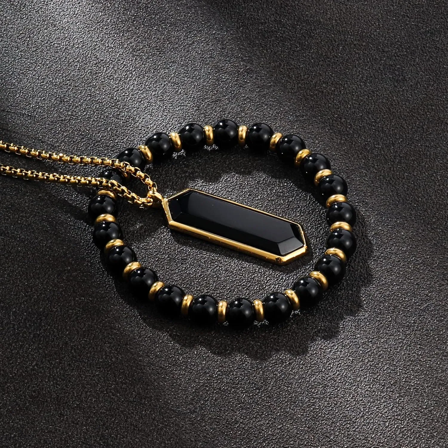 2Pcs Mens Jewelry Set - Black Crystal Necklace And Bracelet Set With Black Onyx And Gold Pendant