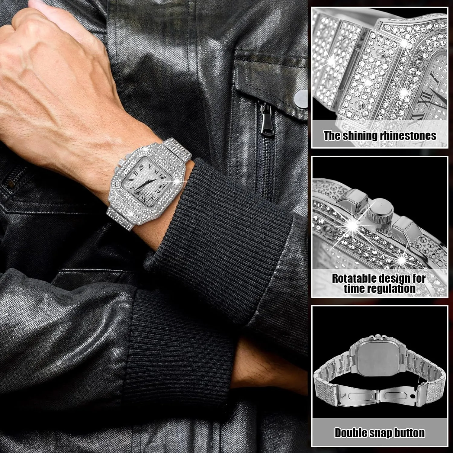 9 Pcs Hip Hop Jewelry Set Dollar Sign Pendant Necklace Bracelet Diamond Watch Punk Sunglasses Ring for Men Halloween