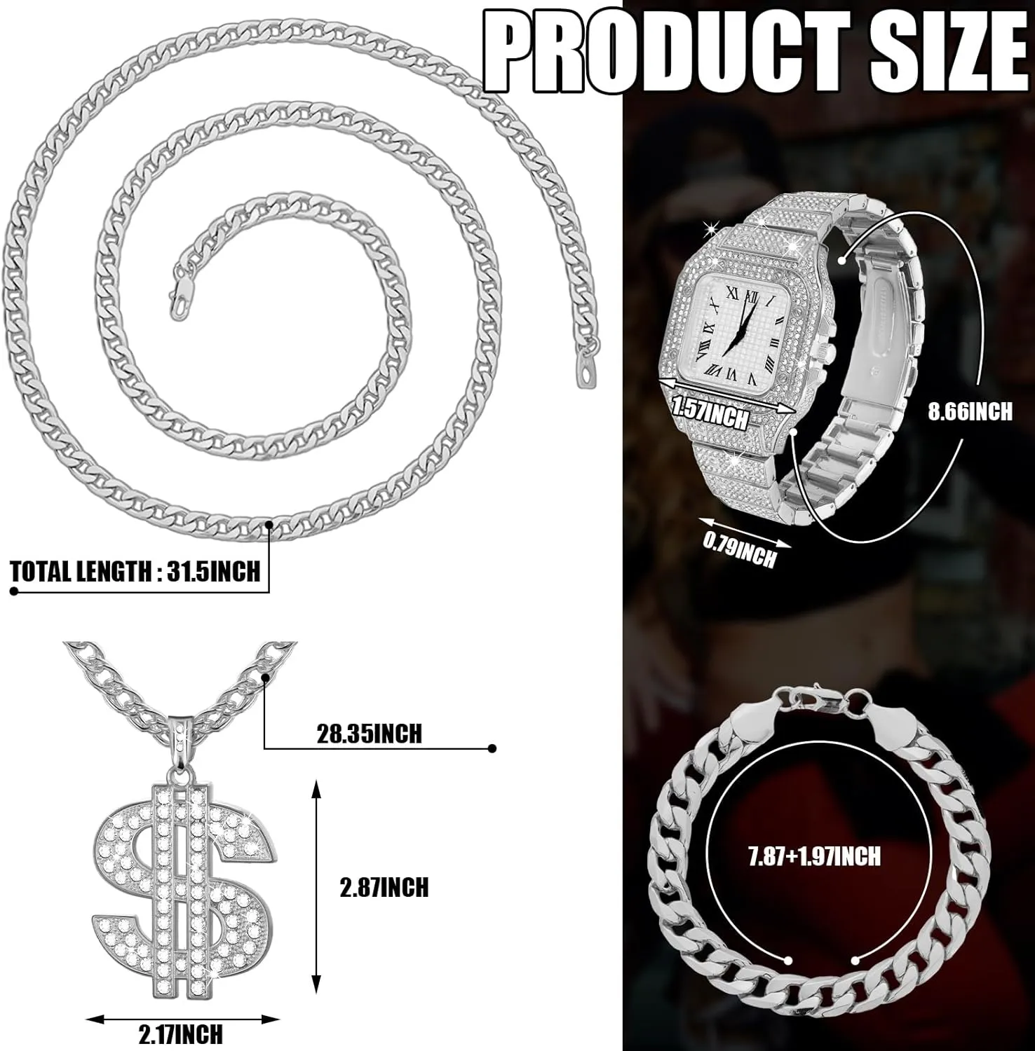 9 Pcs Hip Hop Jewelry Set Dollar Sign Pendant Necklace Bracelet Diamond Watch Punk Sunglasses Ring for Men Halloween