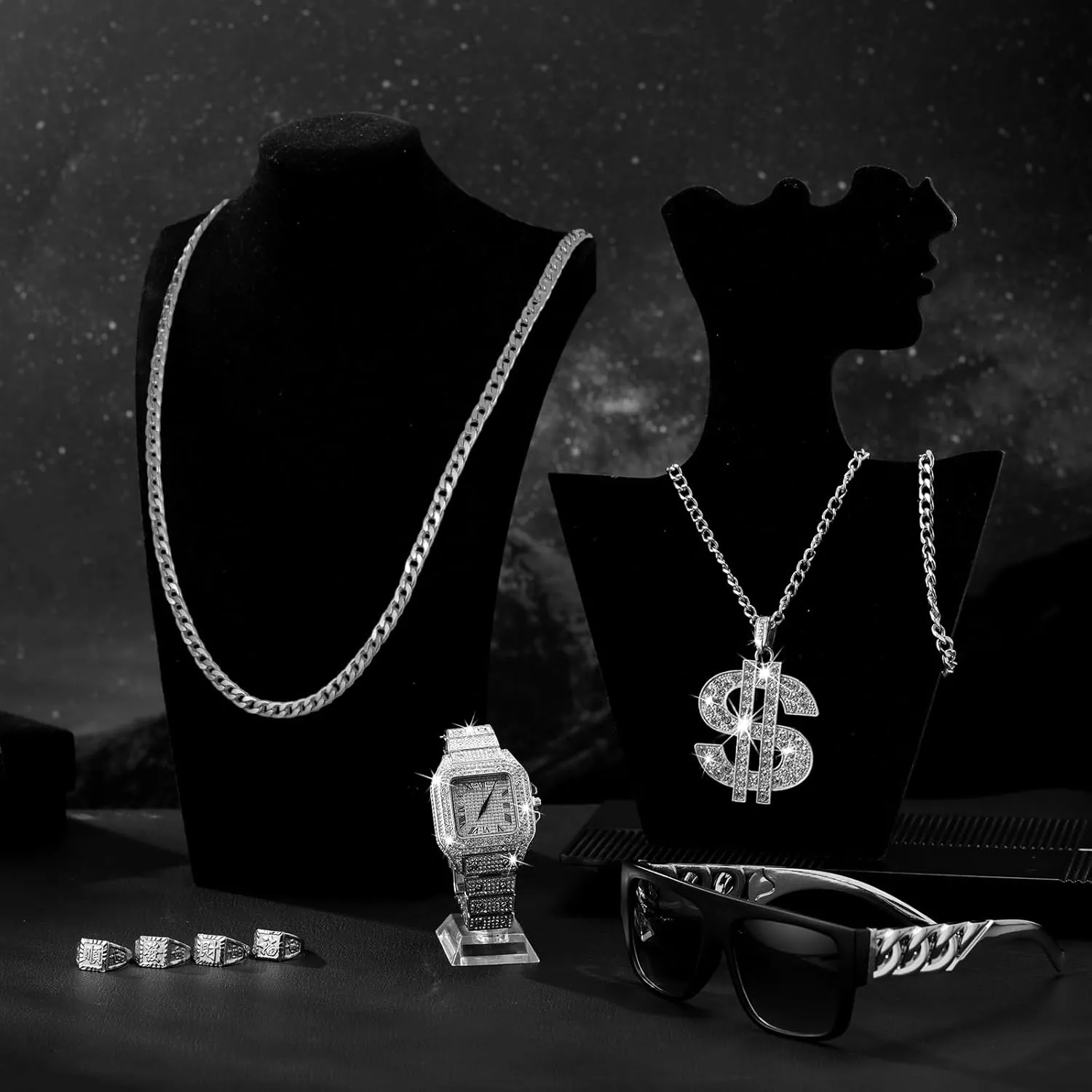 9 Pcs Hip Hop Jewelry Set Dollar Sign Pendant Necklace Bracelet Diamond Watch Punk Sunglasses Ring for Men Halloween