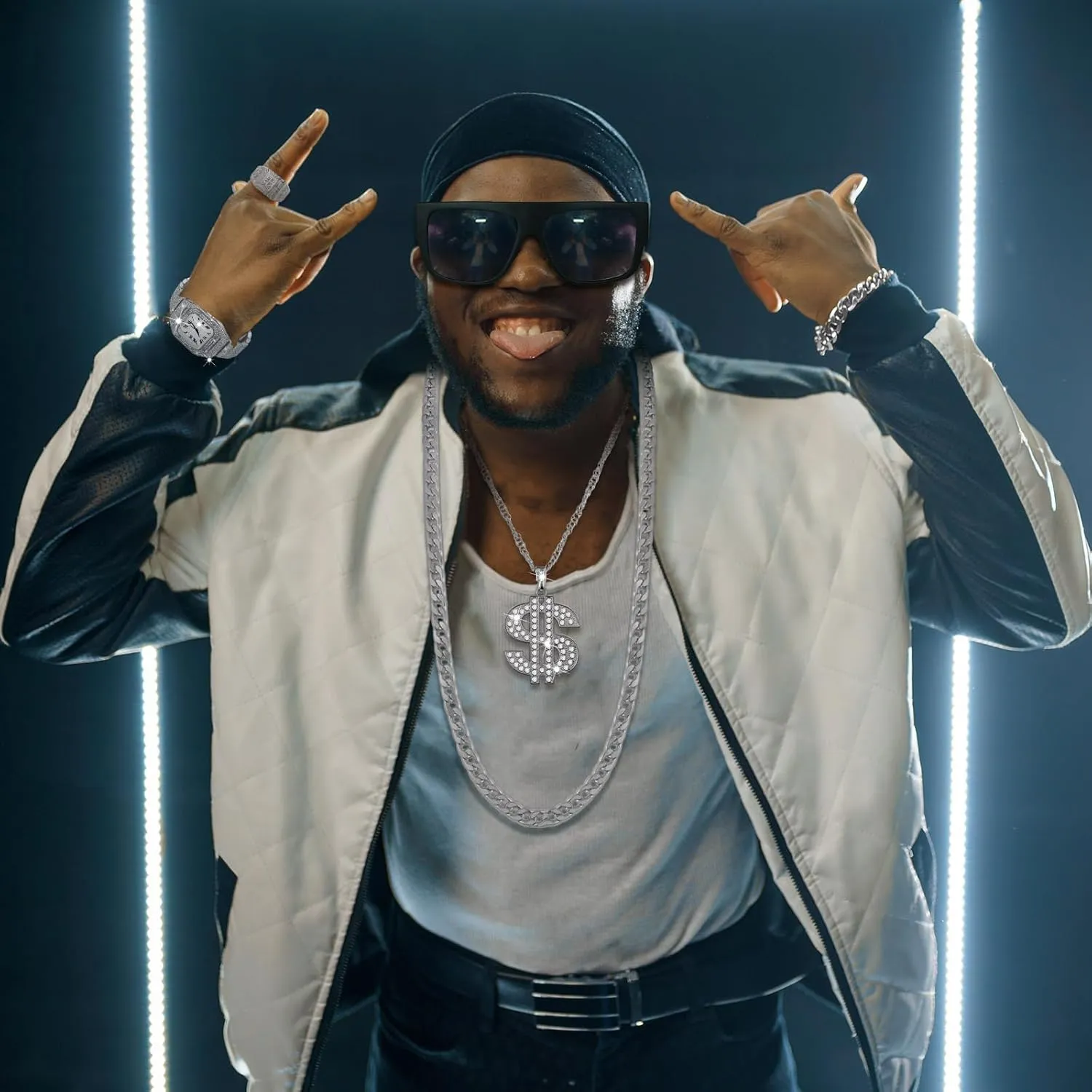 9 Pcs Hip Hop Jewelry Set Dollar Sign Pendant Necklace Bracelet Diamond Watch Punk Sunglasses Ring for Men Halloween