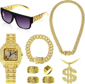 9 Pcs Hip Hop Jewelry Set Dollar Sign Pendant Necklace Bracelet Diamond Watch Punk Sunglasses Rings, 80s 90s Rapper Accessories, Cosplay Club Old School Themed Party Supplies for Men Women