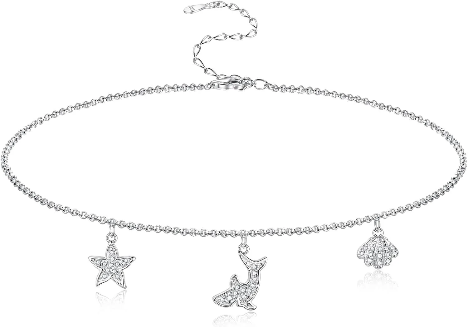 925 Sterling Silver Anklets for Women Ocean Theme Summer Ankle Bracelets Dolphin Starfish Seashell Charms