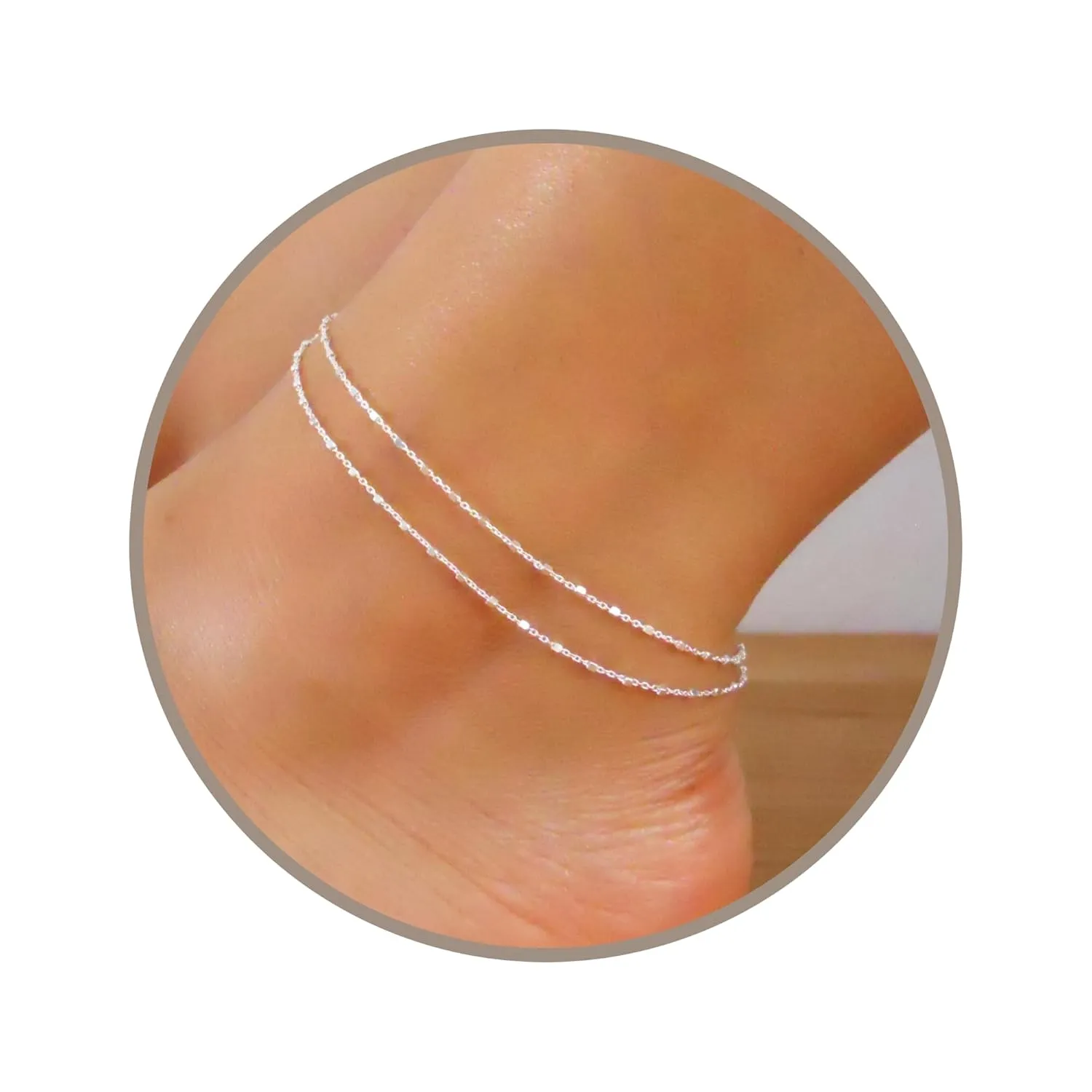 Annika Bella Double Strand Ankle-Bracelet, 9-10 Inches Sterling Silver Satellite Chain, Layering Anklet, Dainty Adjustable Waterproof Anklets (Squares Chain)