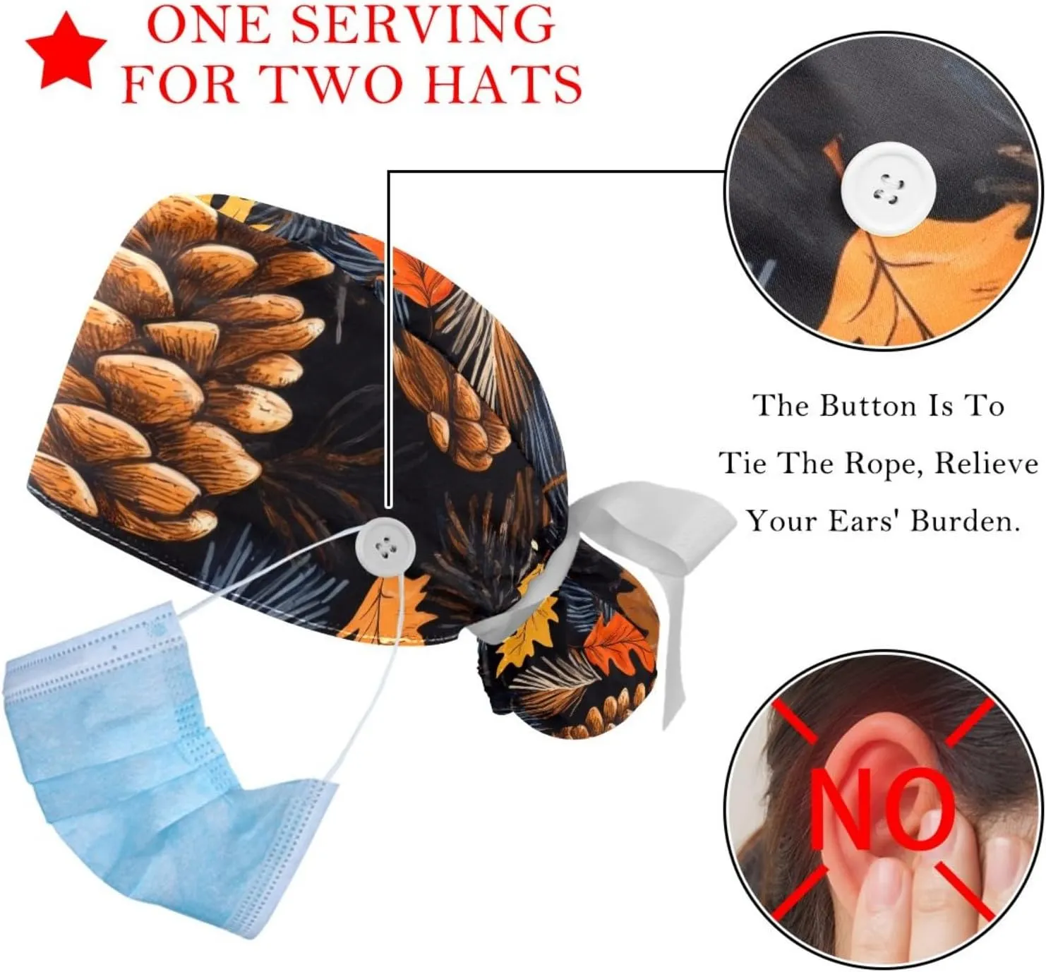 Autumn Scenery Pattern Working Cap with Button Long Hair Adjustable Working Hat Ponytail Holder 2 Pcs Tie Back Hats