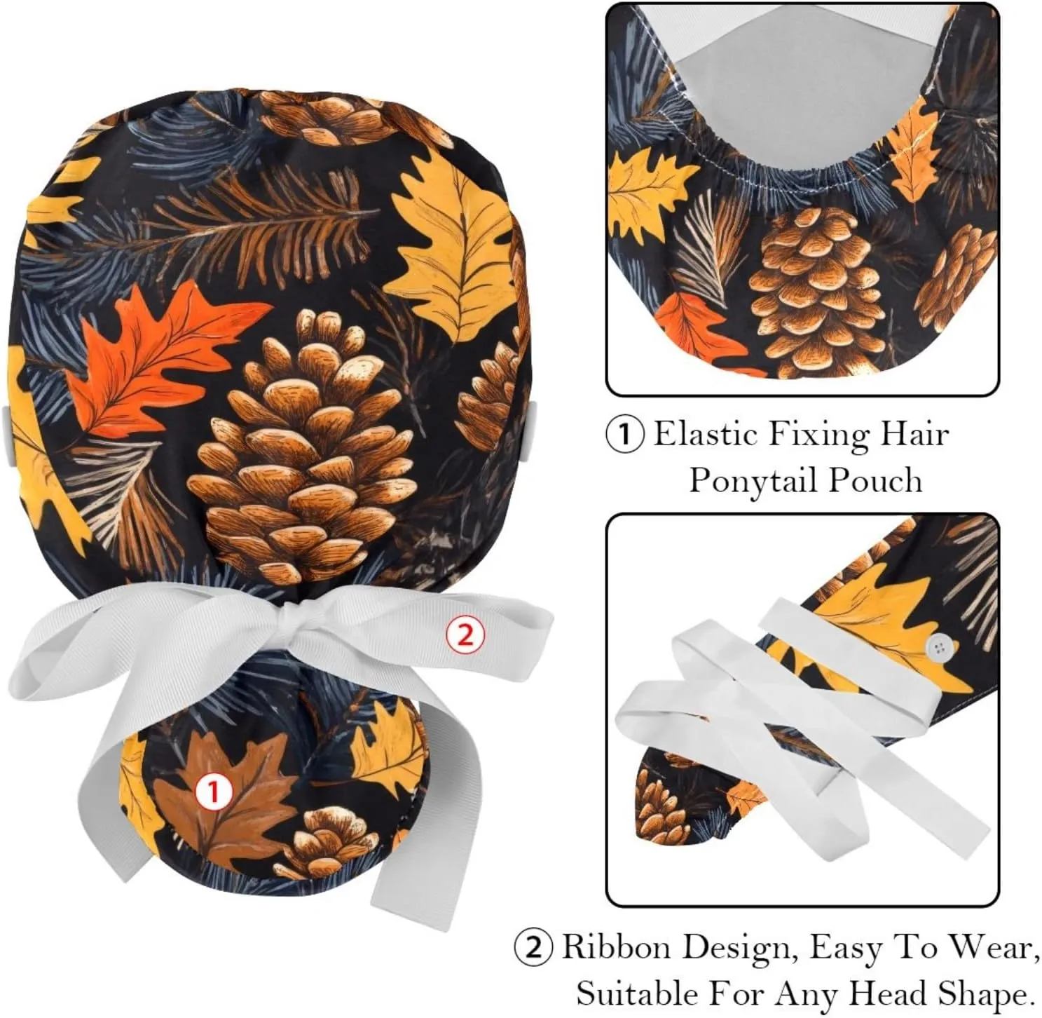Autumn Scenery Pattern Working Cap with Button Long Hair Adjustable Working Hat Ponytail Holder 2 Pcs Tie Back Hats