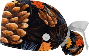 Autumn Scenery Pattern Working Cap with Button Long Hair Adjustable Working Hat Ponytail Holder 2 Pcs Tie Back Hats