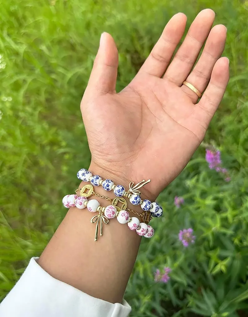 Bow Beads Bracelet Necklace Set, Gold Beaded Flower Bracelet, Charm Vintage Floral and Bow Pendant, Dainty Romantic Choker Jewelry Gift Sets for Women