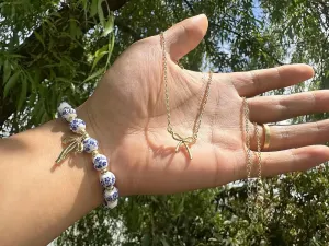Bow Beads Bracelet Necklace Set, Gold Beaded Flower Bracelet, Charm Vintage Floral and Bow Pendant, Dainty Romantic Choker Jewelry Gift Sets for Women