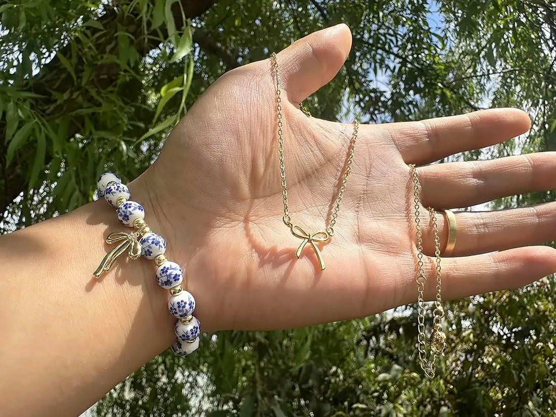 Bow Beads Bracelet Necklace Set, Gold Beaded Flower Bracelet, Charm Vintage Floral and Bow Pendant, Dainty Romantic Choker Jewelry Gift Sets for Women
