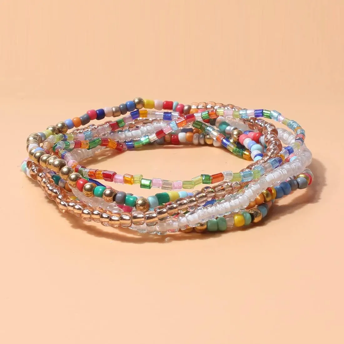 COLORFUL BLING 5-6pcs Handmade Bohemian Stackable Bead Bracelets Set for Women Layered Stretch Bangles Bracelets Boho Multicolor Seed Vaction Wristbands Jewelry