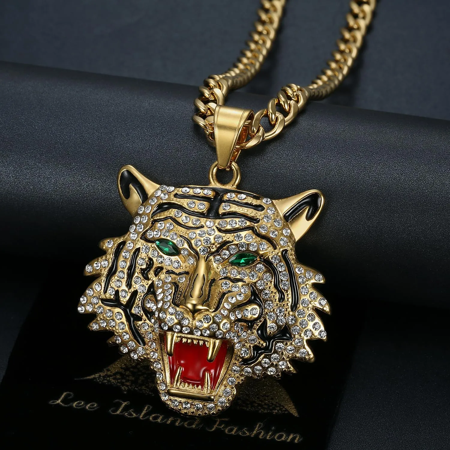 CZ Fully Roaring Tiger Head With Green Red Eyes Pendant Punk Rock Stainless Steel Necklace, 24 Inch 7mm Chain For Men Hip Hop Animal Jewelry-I'm the King
