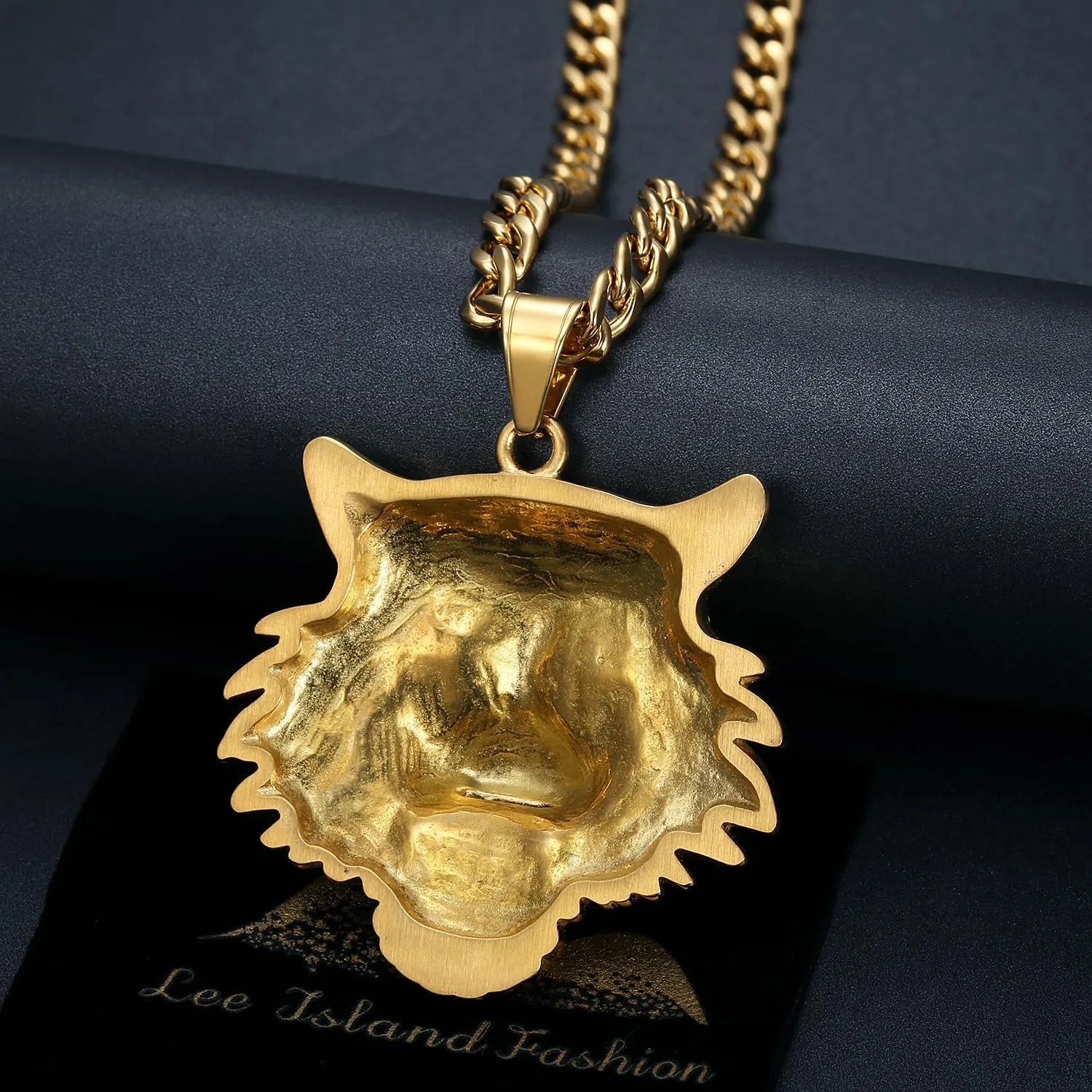 CZ Fully Roaring Tiger Head With Green Red Eyes Pendant Punk Rock Stainless Steel Necklace, 24 Inch 7mm Chain For Men Hip Hop Animal Jewelry-I'm the King