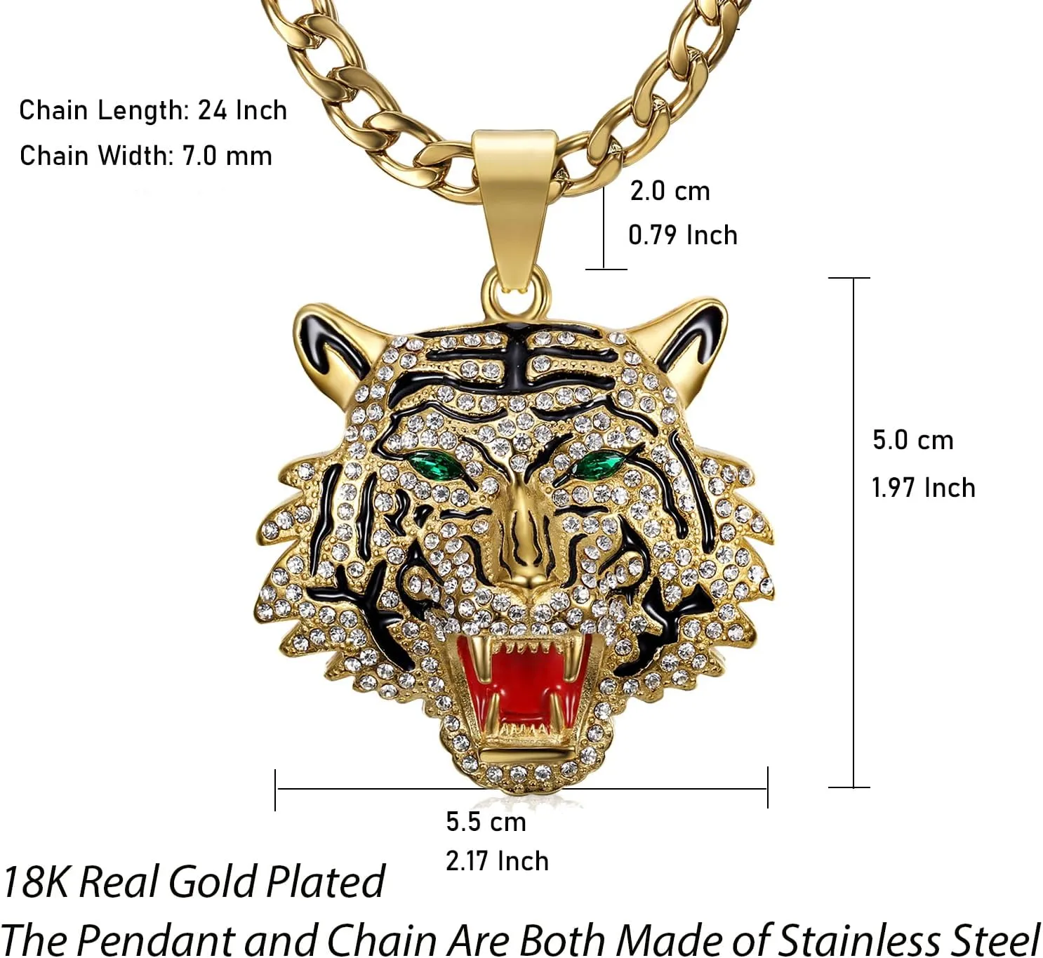 CZ Fully Roaring Tiger Head With Green Red Eyes Pendant Punk Rock Stainless Steel Necklace, 24 Inch 7mm Chain For Men Hip Hop Animal Jewelry-I'm the King