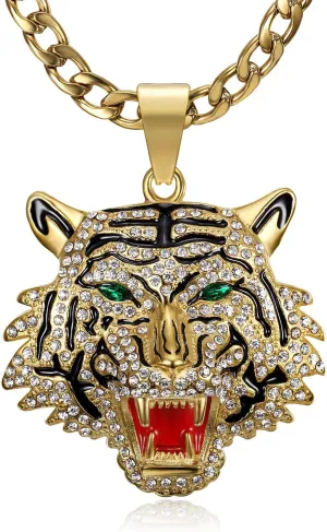 CZ Fully Roaring Tiger Head With Green Red Eyes Pendant Punk Rock Stainless Steel Necklace, 24 Inch 7mm Chain For Men Hip Hop Animal Jewelry-I'm the King