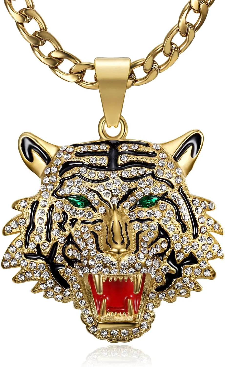 CZ Fully Roaring Tiger Head With Green Red Eyes Pendant Punk Rock Stainless Steel Necklace, 24 Inch 7mm Chain For Men Hip Hop Animal Jewelry-I'm the King