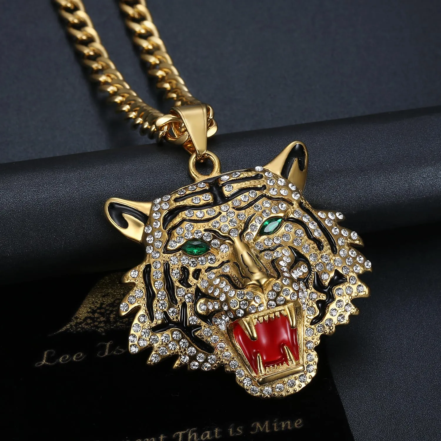CZ Fully Roaring Tiger Head With Green Red Eyes Pendant Punk Rock Stainless Steel Necklace, 24 Inch 7mm Chain For Men Hip Hop Animal Jewelry-I'm the King