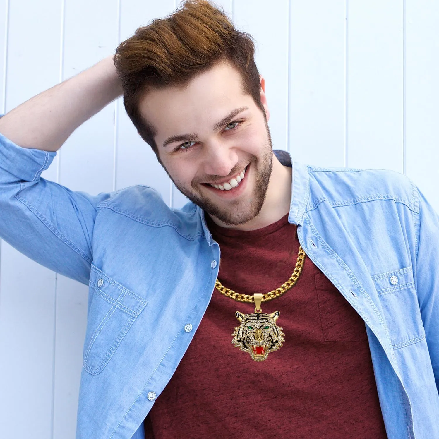 CZ Fully Roaring Tiger Head With Green Red Eyes Pendant Punk Rock Stainless Steel Necklace, 24 Inch 7mm Chain For Men Hip Hop Animal Jewelry-I'm the King