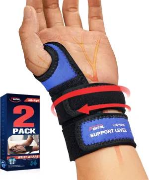 FEATOL 2 Pack Wrist Wraps for Pain, Hand Wraps for Carpal Tunnel, TFCC, Tendonitis, Sprained, Work, Sports, Extra Compression Wrist Support for Women Men, Left & Right Hand, Medium