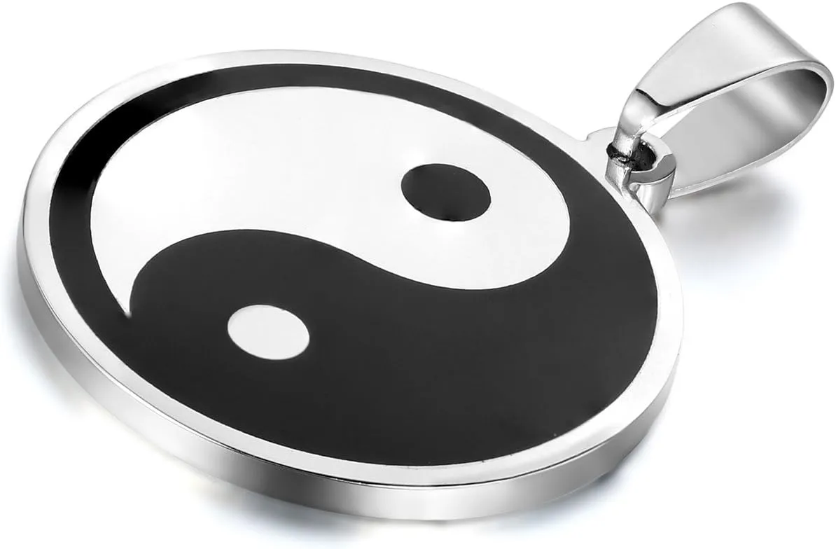 Flongo Men's Vintage Stainless Steel Black Silver Yin Yang Pendant Necklace, 22 inch Chain, Tai Chi Yin Yang Pendant Balance Symbol Necklace