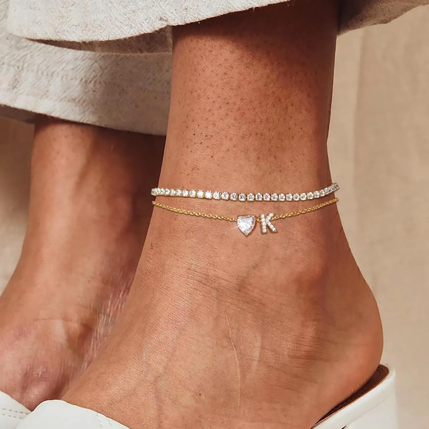 Gold Initial Ankle Bracelets for Women Waterproof 14K Gold Filled Layered Anklets for Women Non Tarnish Women's Anklets Adjustable Large Ankle Summer Beach Foot Jewelry