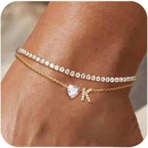Gold Initial Ankle Bracelets for Women Waterproof 14K Gold Filled Layered Anklets for Women Non Tarnish Women's Anklets Adjustable Large Ankle Summer Beach Foot Jewelry