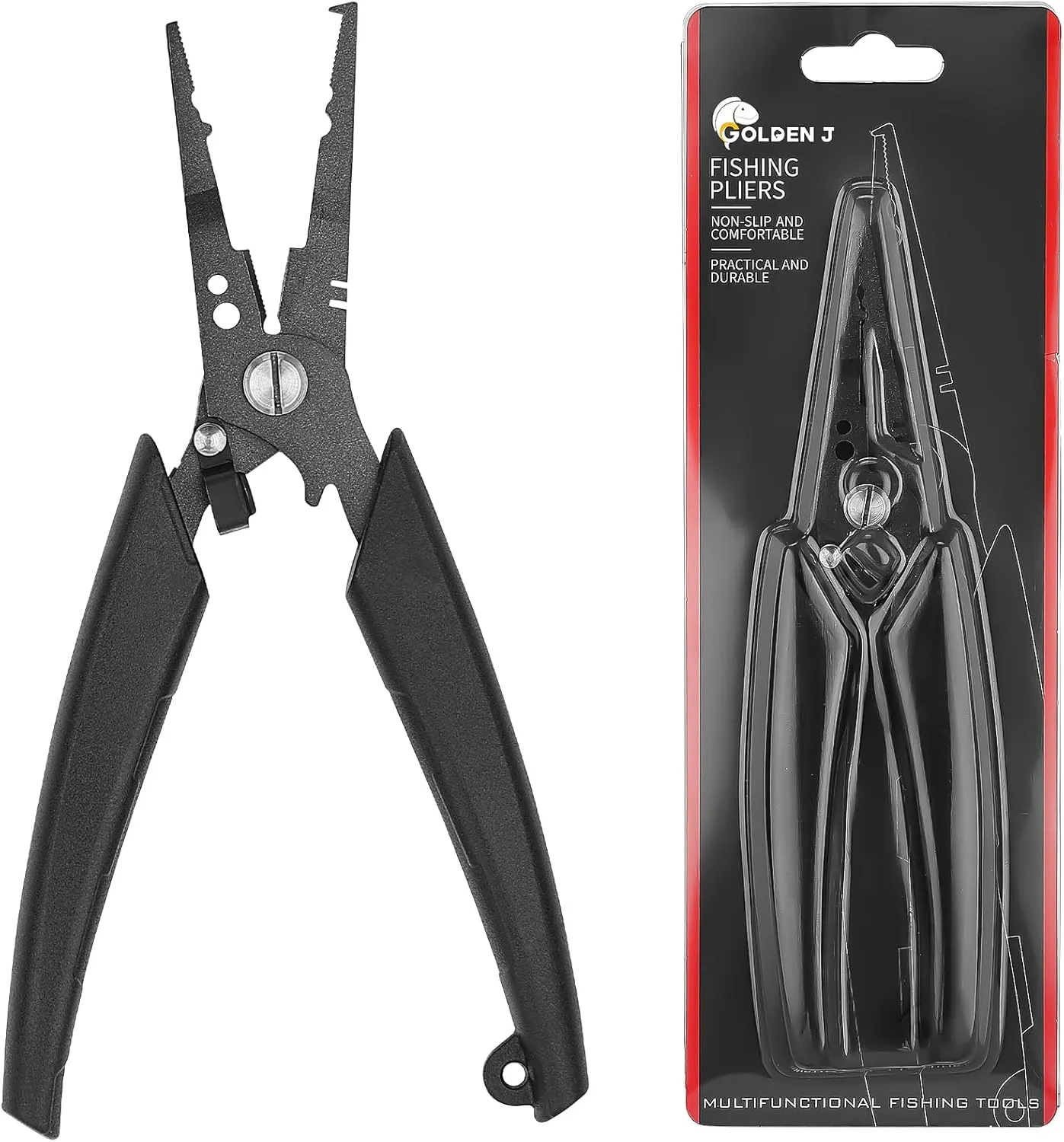 GOLDEN J Teflon Fishing Pliers, Multi-Function Hook Remover-Long Nose Pliers, PE/Braided Line Cutter, Saltwater Resistant Fishing Gear, for Deep-Sea, Ice & Surf Fishing - Ideal for Anglers