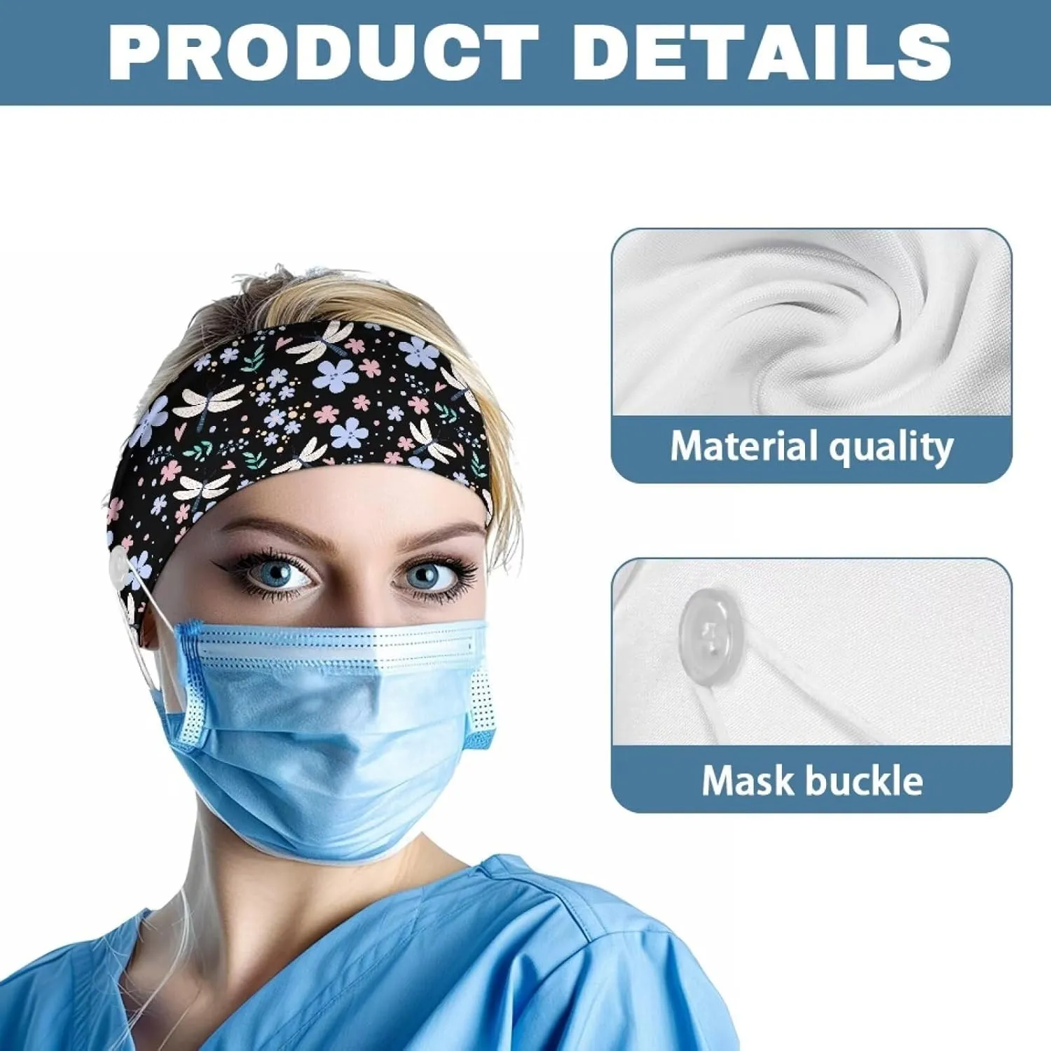 Gomyblomy Flowers Butterfly Wide Headband for Women Teen Girls Cute Nurse Headband with Buttons for Nurses Doctors Soft Elastic Turban Yoga Workout Head Wraps Hair Accessories