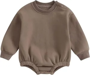 Gueuusu Newborn Warm Sweatshirt Romper Baby Boy Girl Solid Crewneck Long Sleeve Fleece Sweater Bodysuit Thick Winter Clothes