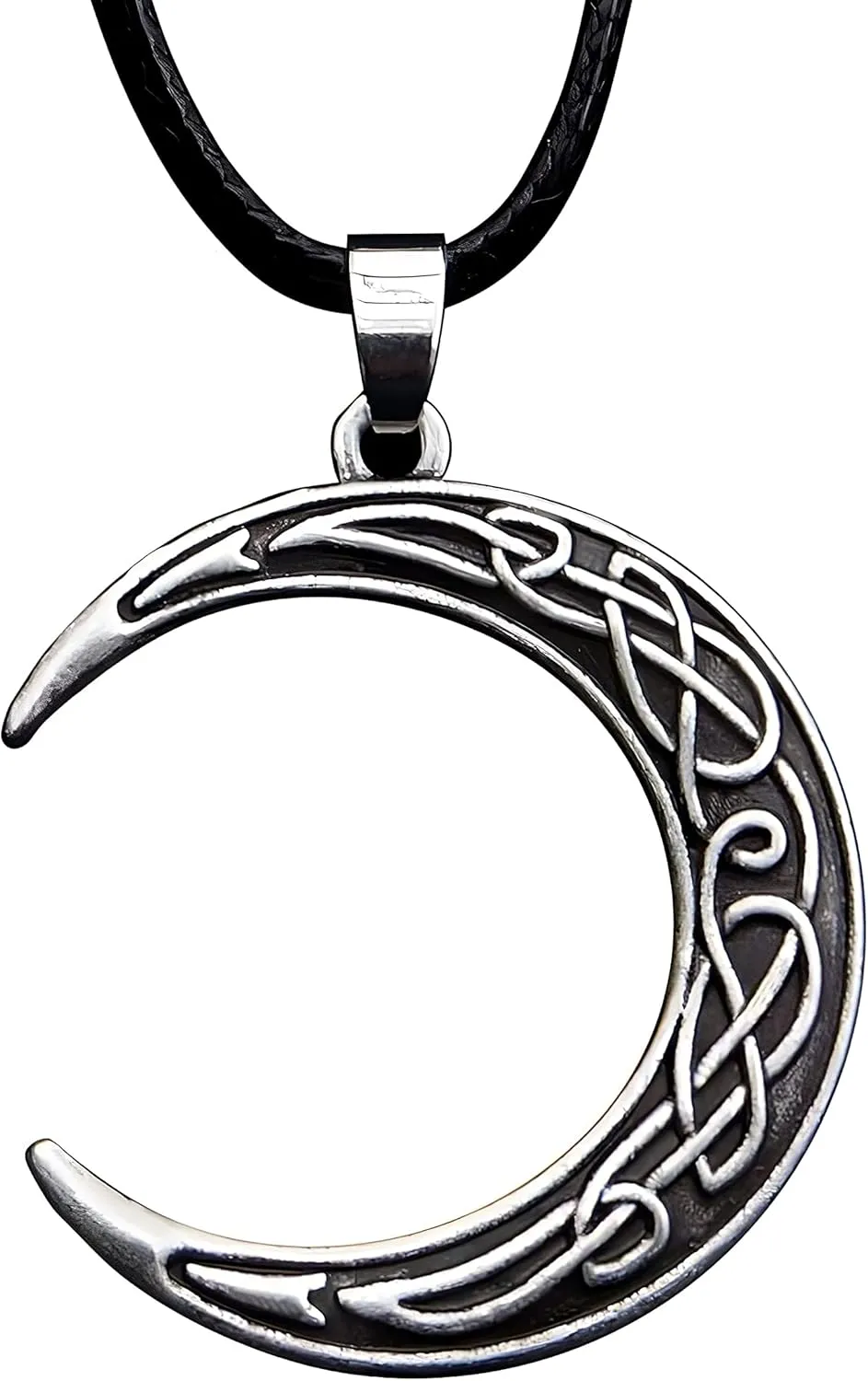 HAQUIL Crescent Moon Necklace, Crescent Moon with Celtic Knotwork Pendant, Faux Leather Cord, Celtic Jewelry Gift