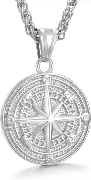 Men's Compass Pendant Necklace, Stainless Steel Compass Circle Vintage Coin Necklace Navigator Forged for Male Talisman Travel Jewelry, Inspirational Graduation Gifts Jewelry Gifts for Friends (Gifts Box)
