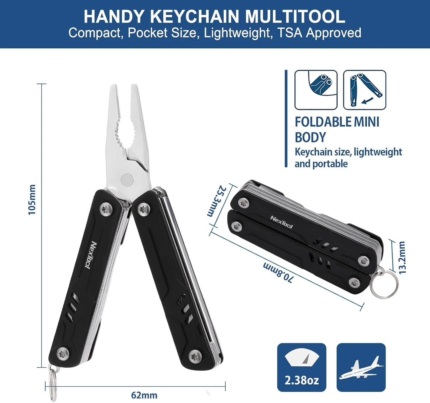 NexTool Mini Multitool - 9 in 1 Keychain Multitool with Needle Nose Pliers, Scissors, SIM Extractor and Screwdrivers for Travel, EDC, TSA Approved