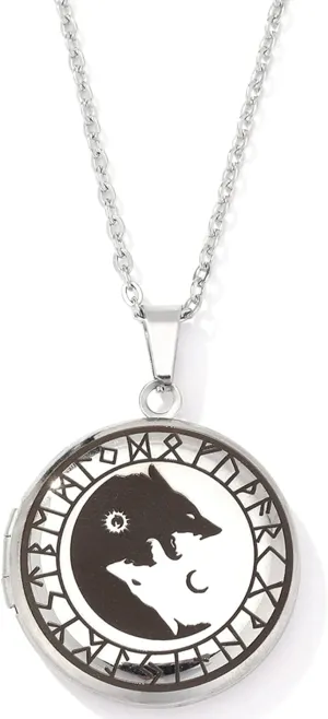Norse Viking Wolf Necklace Locket Necklace That Holds Pictures in Stainless Steel, Celtic Odin Wolf Head Circle Runes Pendant Necklace for Boys Men Girls
