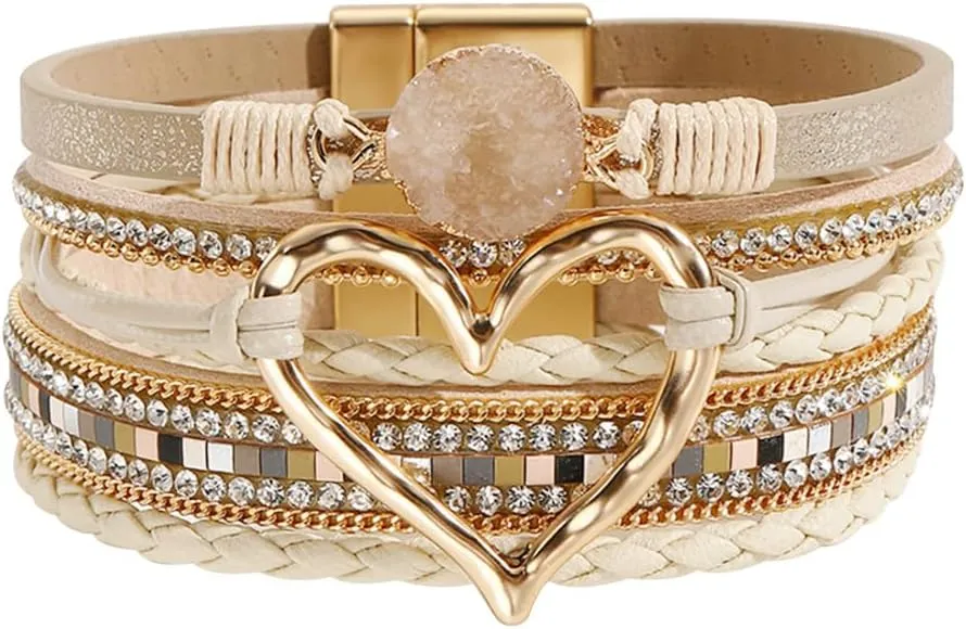 P Ammy Fashion Women's Multi-layer Love Heart Leather Wrap Bracelets Stackable Boho Bangles Bohemian Cuff with Magnetic Clasp Jewelry Gift