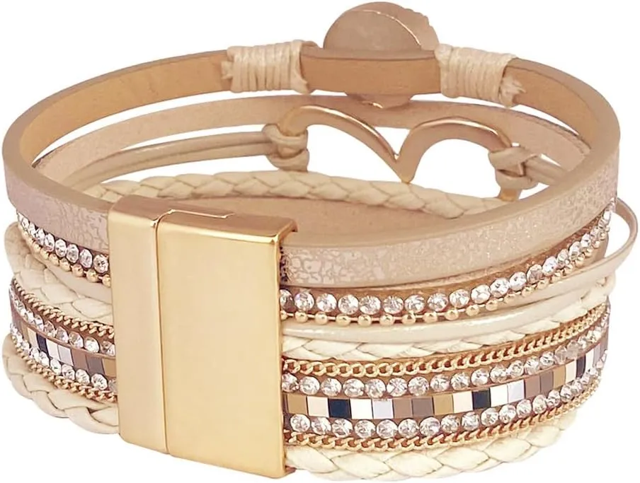 P Ammy Fashion Women's Multi-layer Love Heart Leather Wrap Bracelets Stackable Boho Bangles Bohemian Cuff with Magnetic Clasp Jewelry Gift